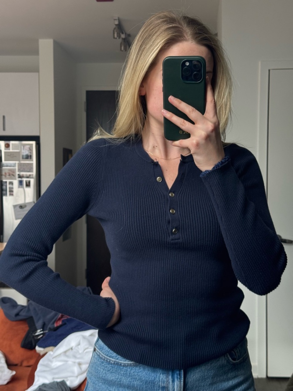 Abercrombie & Fitch Navy Ribbed Henley Top